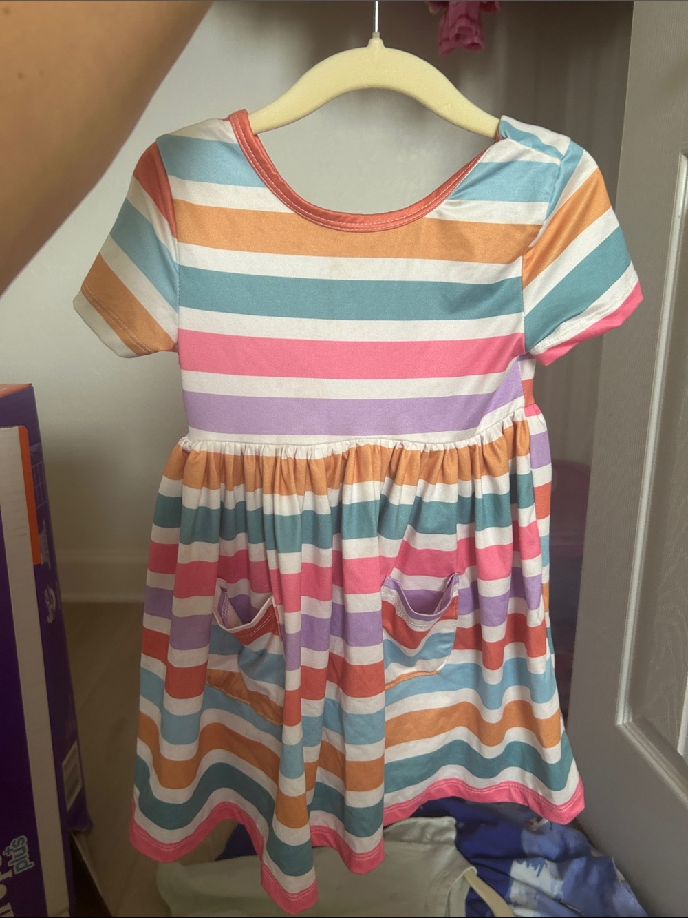 Mila and Rose Girls' Rainbow Stripe Short Sleeve Dress